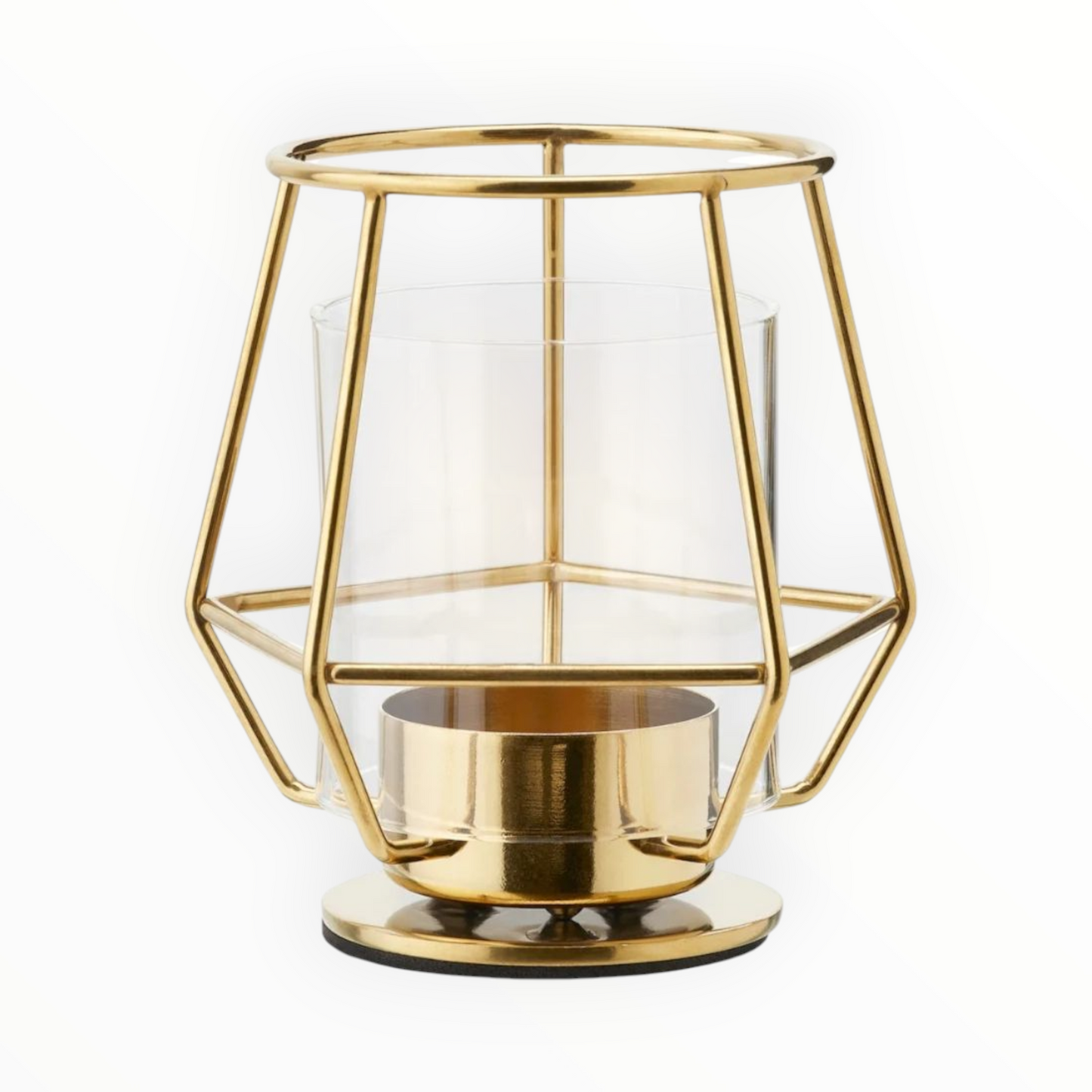 Gouden waxinelicht houder met glas en geometrisch